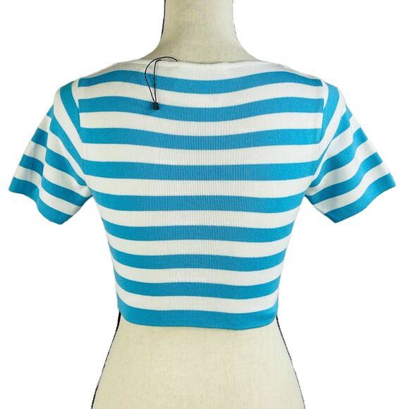 Zara Medium Cropped Top Striped Square Neck Knit Stretch Short Sleeve Teal Blue - Picture 3 of 6